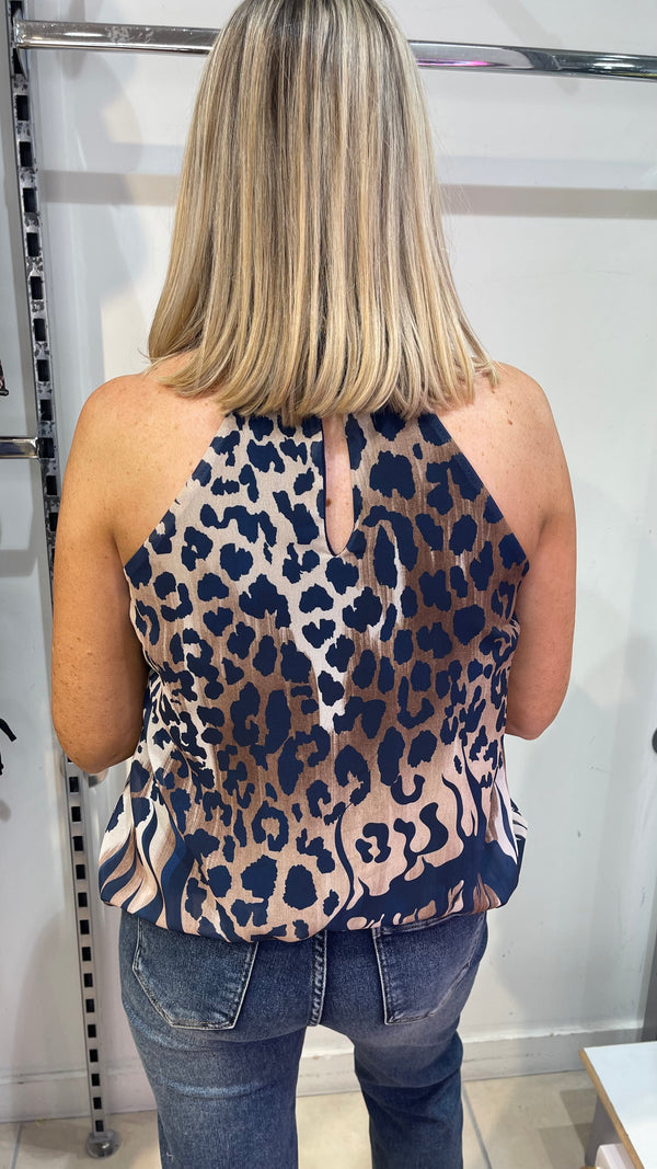 Harper - Blue/Beige Multi Print Halter Neck Top