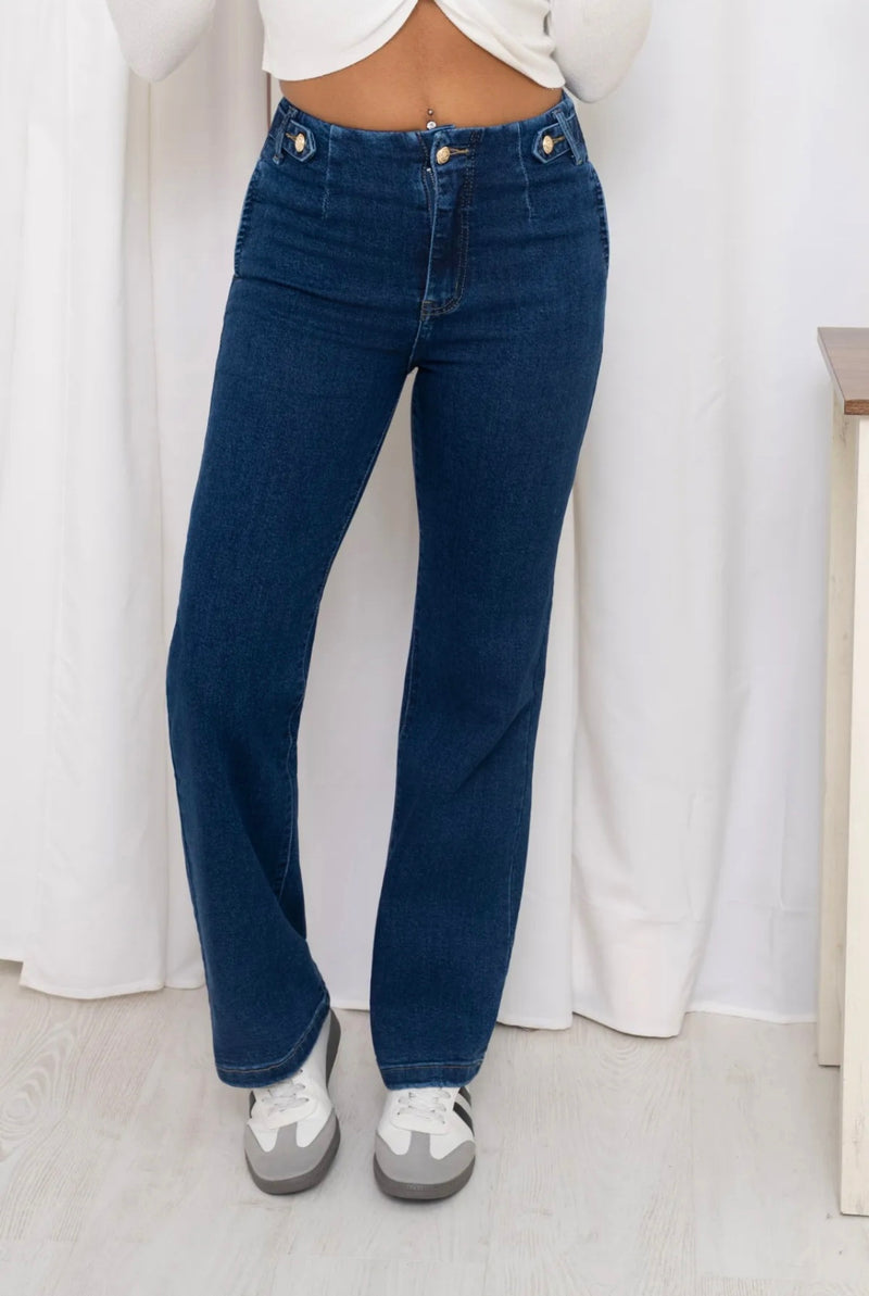 Gina - Blue Denim Stretch Button Tab Denims