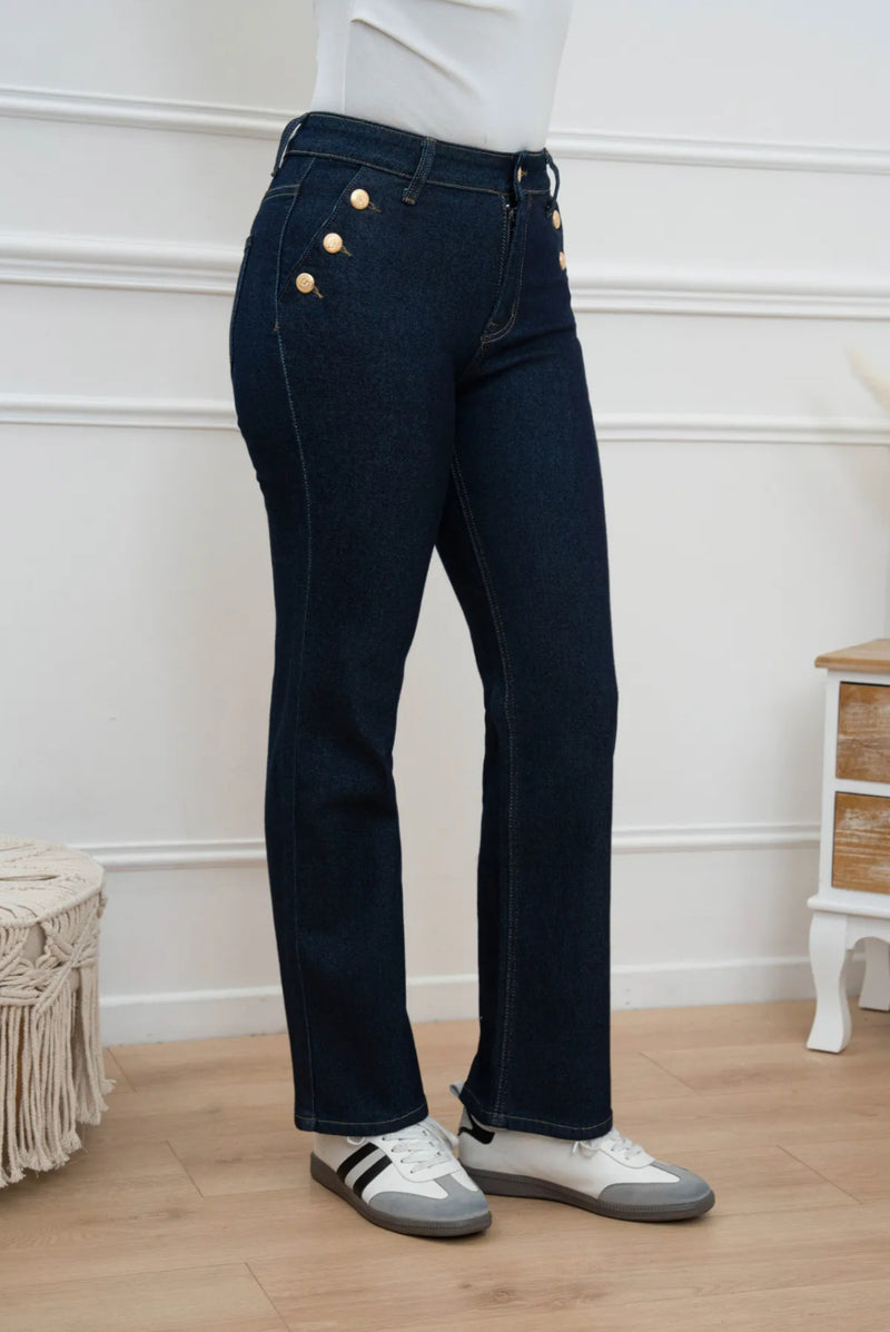Hattie - Indigo Blue Denim  Button Straight Leg Jeans