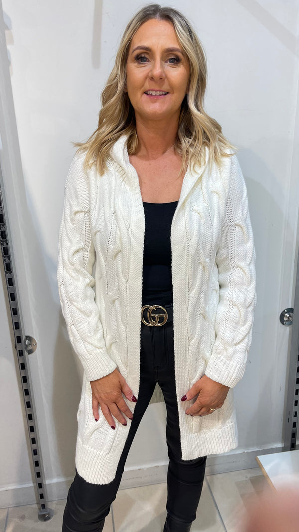 Lorna - Cable Knit Hooded Cardi Cream