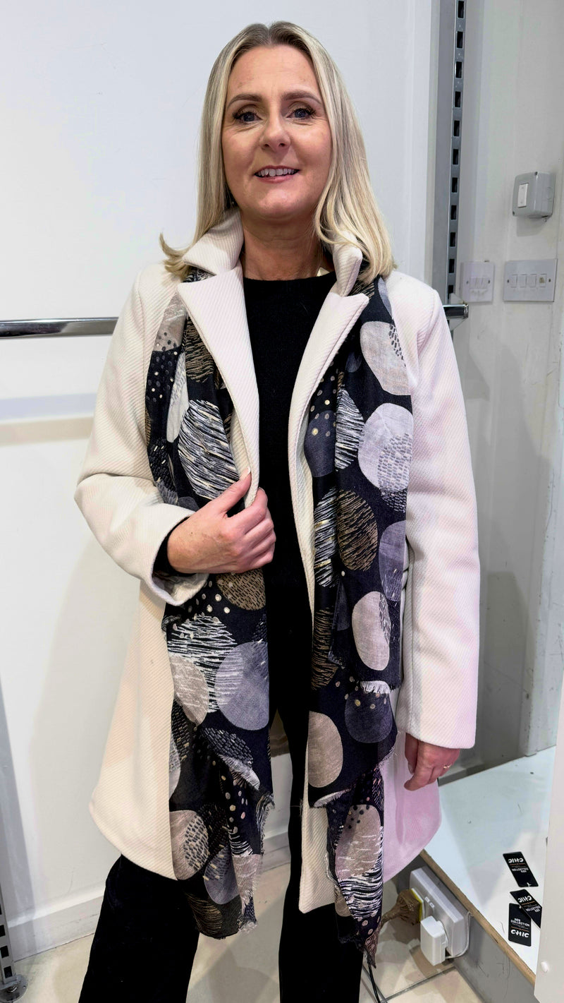 Evie - Black/Beige Circle Print Lightweight Scarf