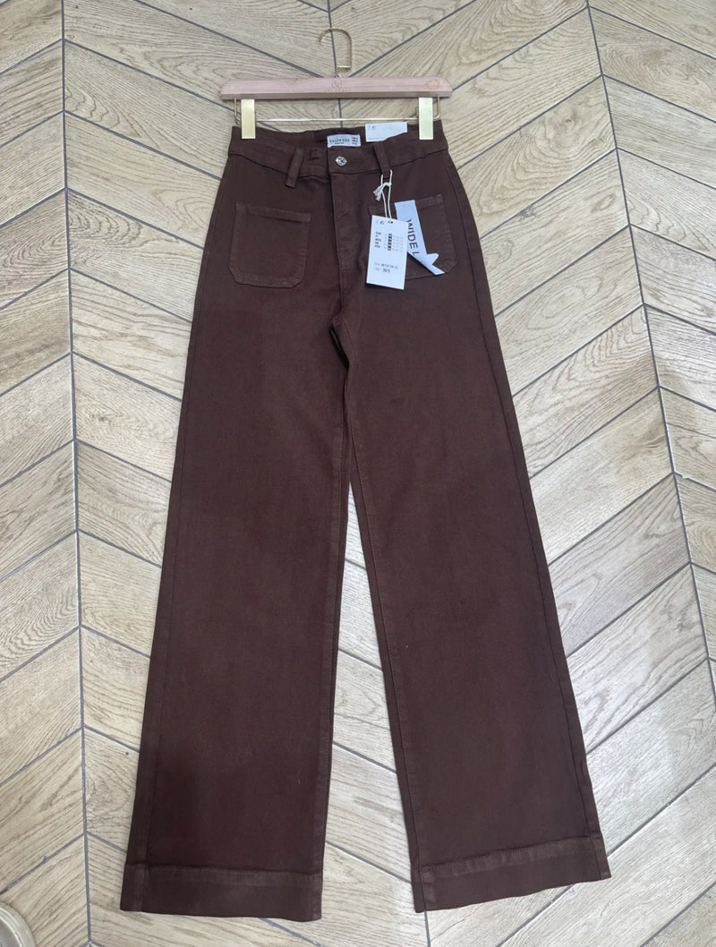 Maya - Chocolate Double Pocket Front Wide Leg Denims