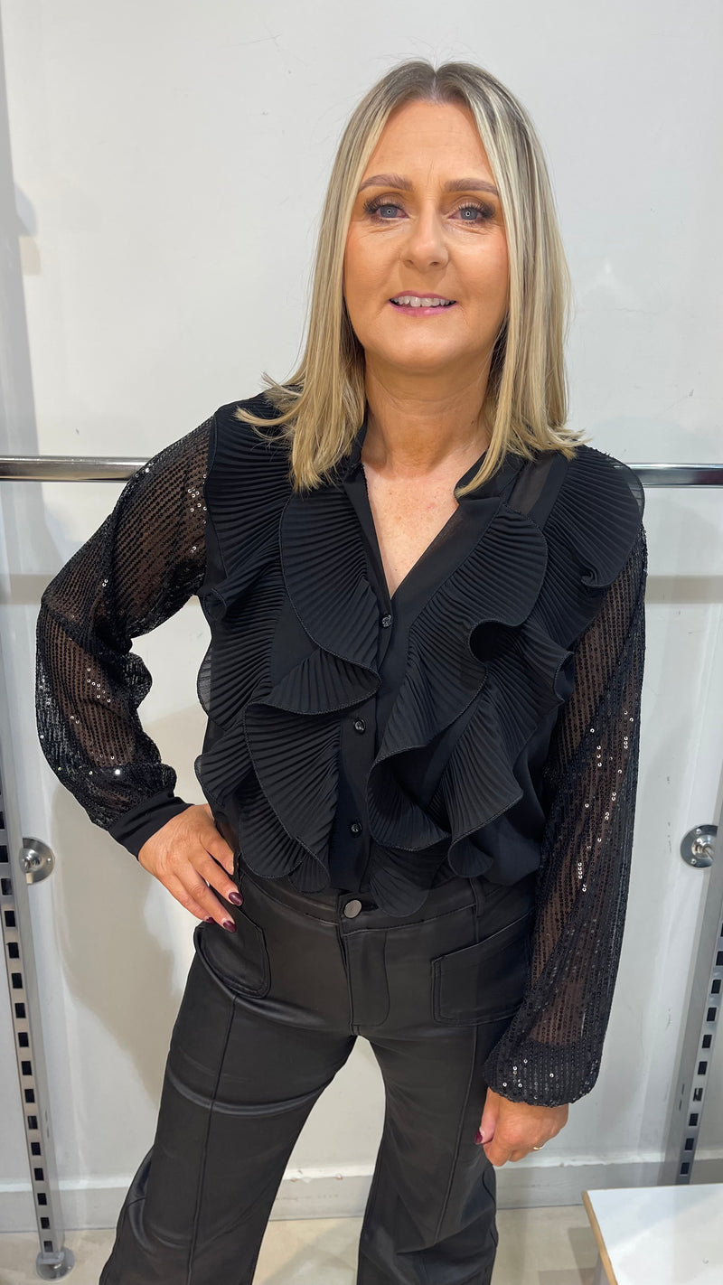 Olivia - Black Ruffle Sequin Sleeve Blouse