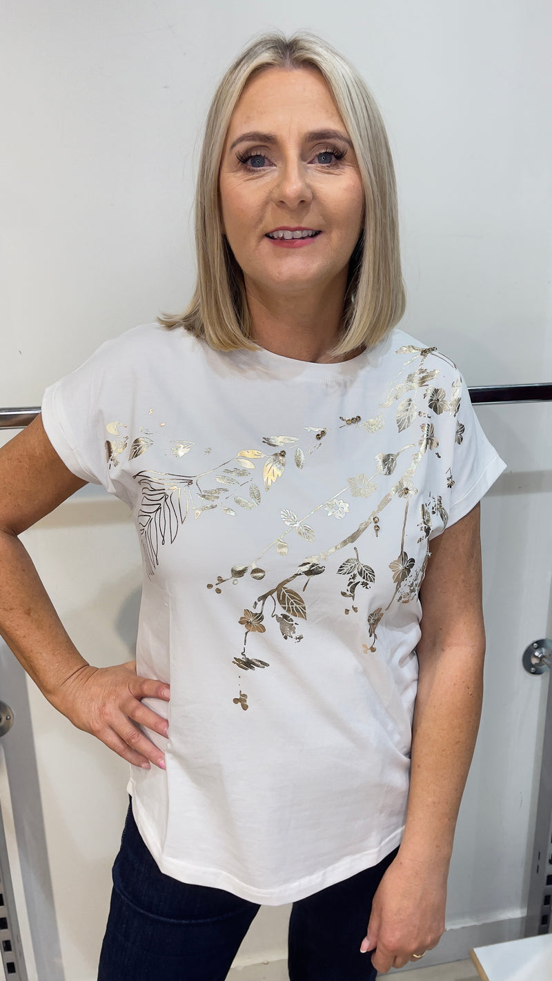 Liv - White Gold Foil Diamente T-Shirt