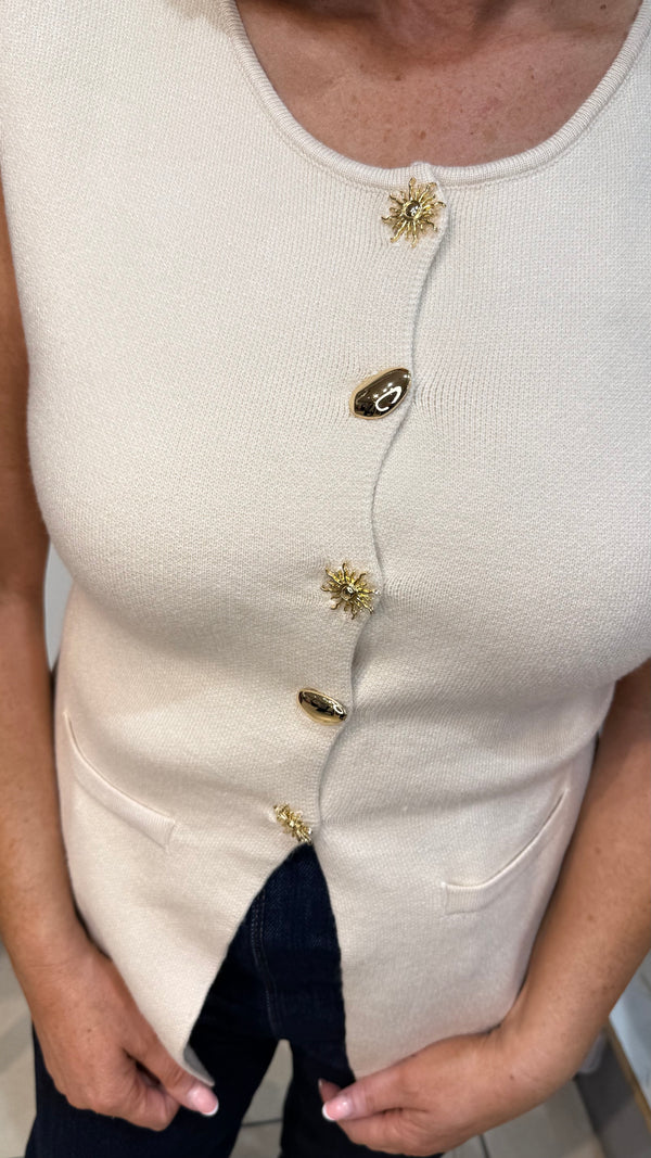 Benny - Beige multi Gold Button Waistcoat