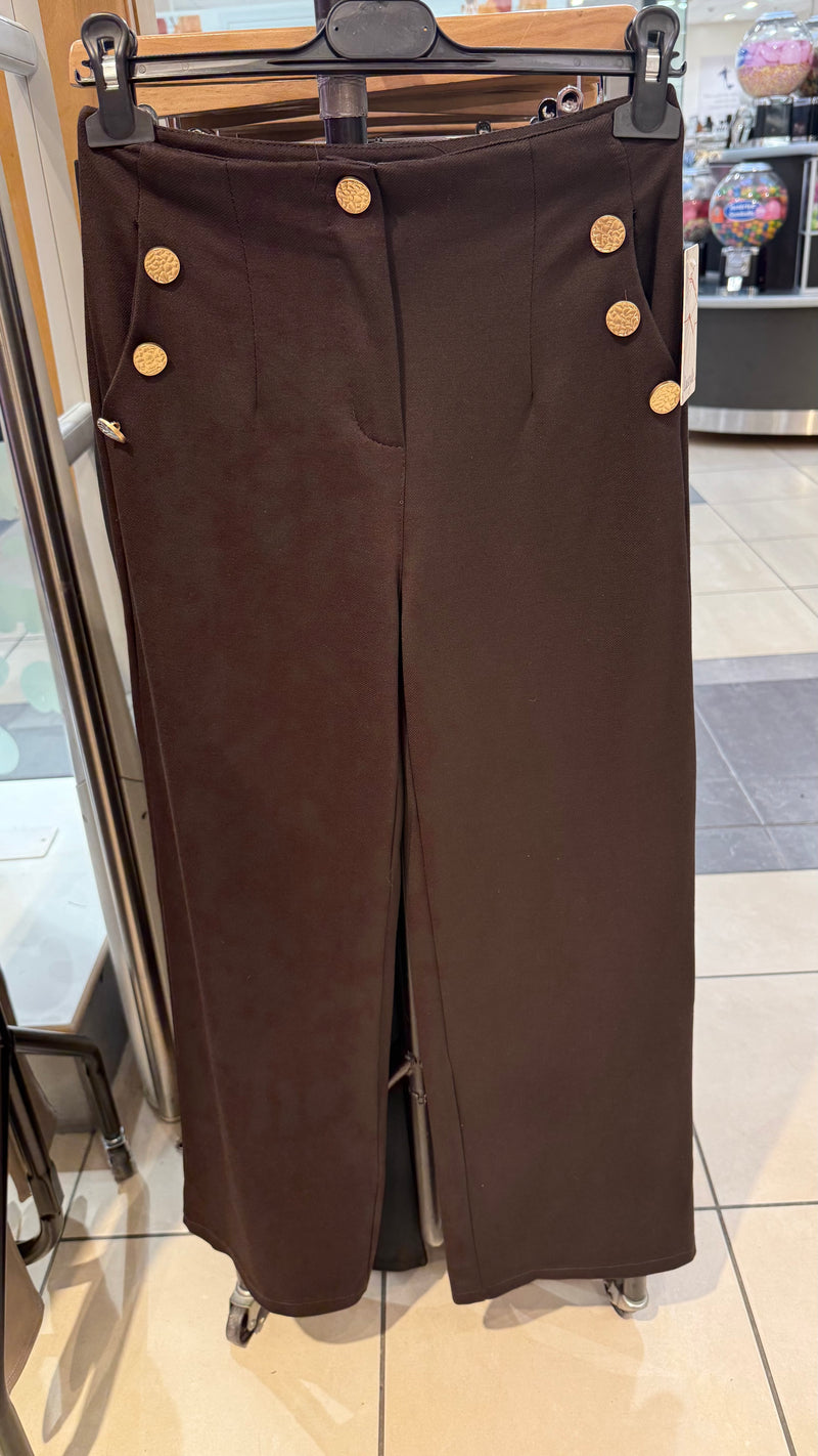 Belle - Brown Button Pocket Wide Leg Trousers