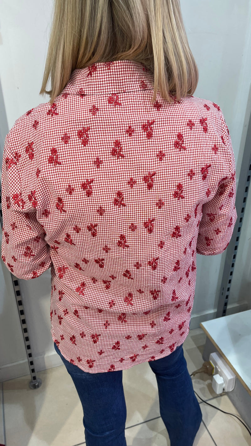 Carla - Dark Red Check Embroidery Shirt