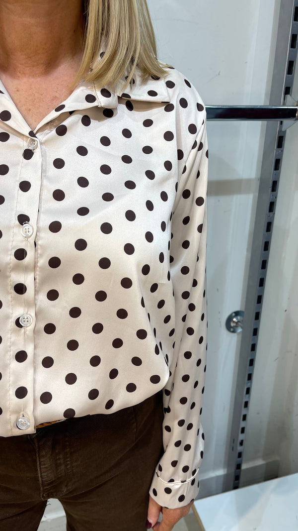 Jill - Cream/Brown Polka Dot Satin Look Shirt