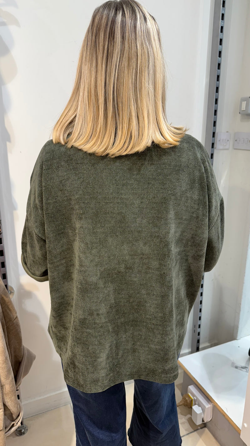 Amber -Khaki  Ribbed Velvet feel Pocket Jacket