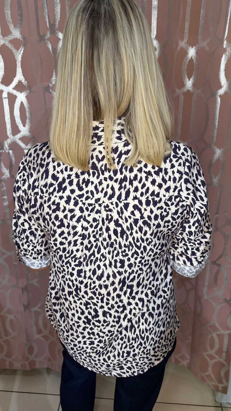 Shelly - Navy Leopard Print Lurex Shirt