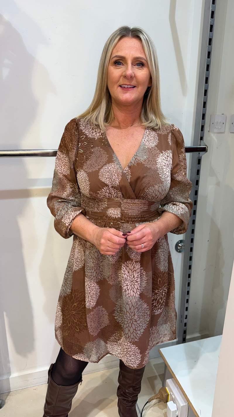 Clara - Brown/Green Print V Neck Dress