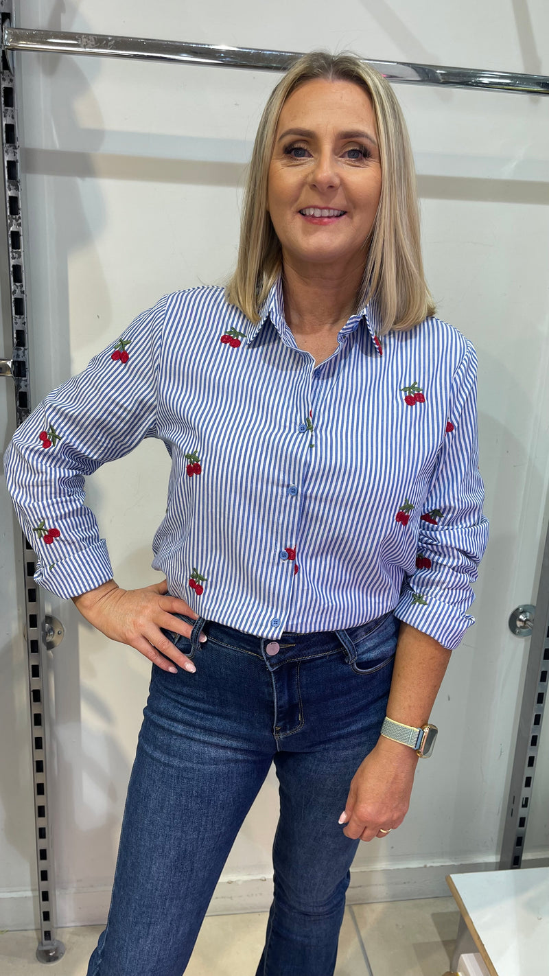 Carrie - Blue Stripe Cherry Embroidered Top