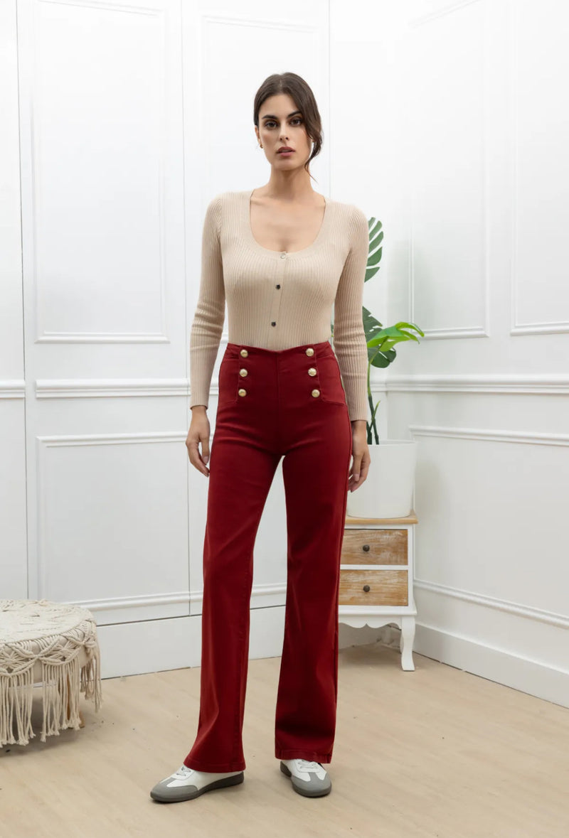Billie - Burgundy Gold Button Detail Jean