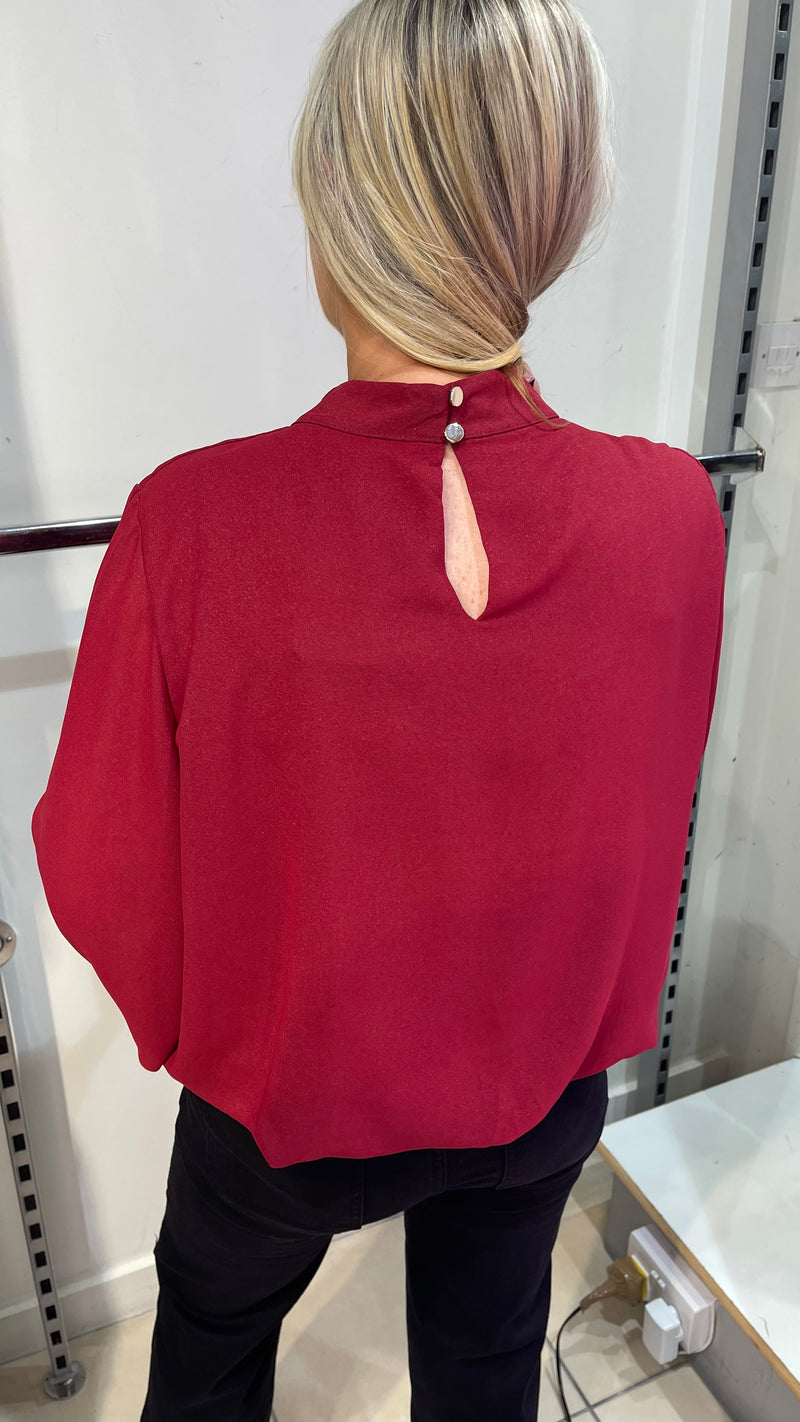 Annie - Wine Shimmer Effect High Neck Blouse
