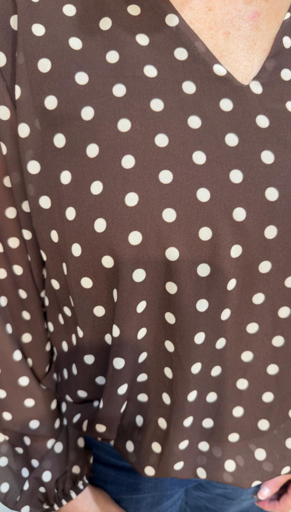 Naomi - Brown Polka Print Lined bubble Hem top