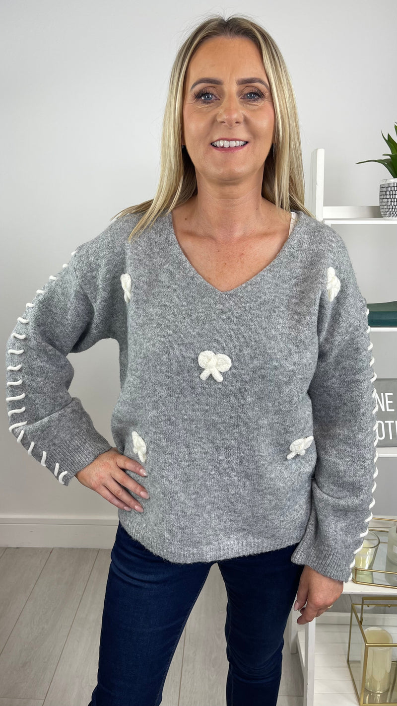 Josie - Grey Bow V Neck Knit