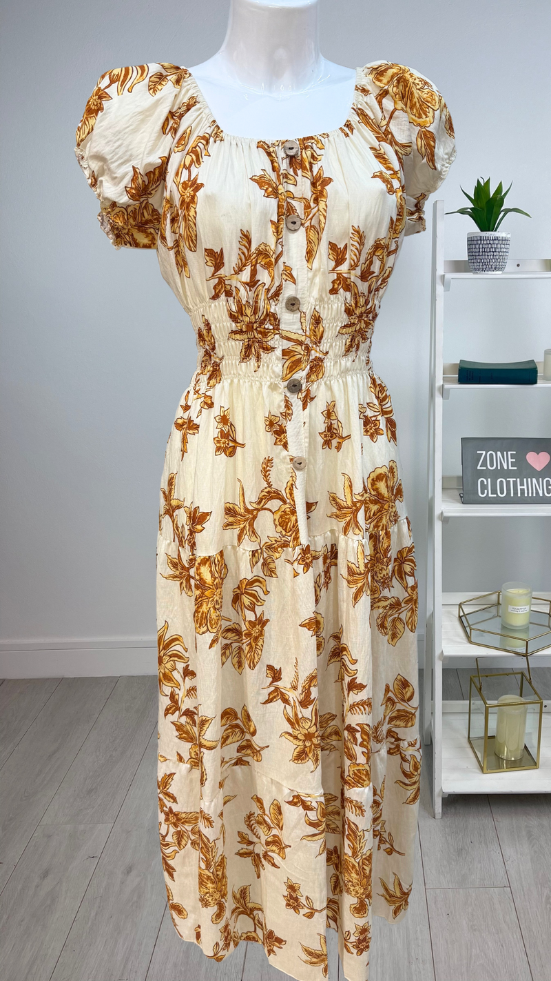 Suzie - Tan Floral Button Linen Look Maxi