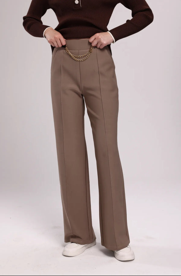 Tina - Taupe  Chain Stretch Seam Trousers