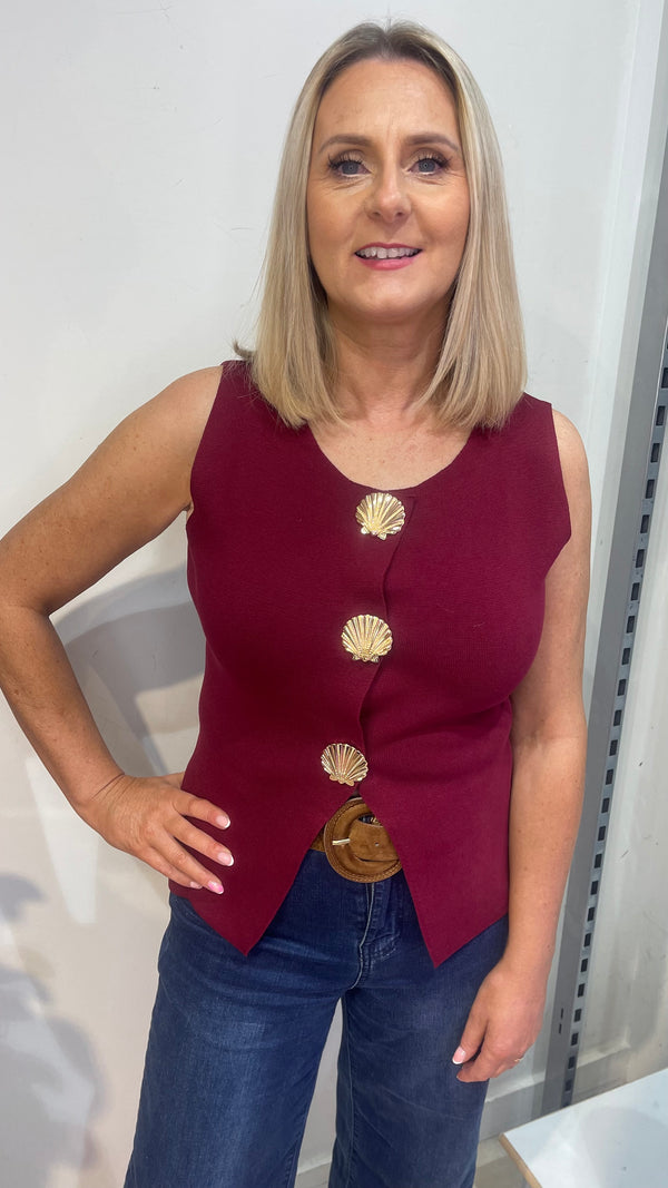 Una - Wine Gold Shell Button Knit waistcoat