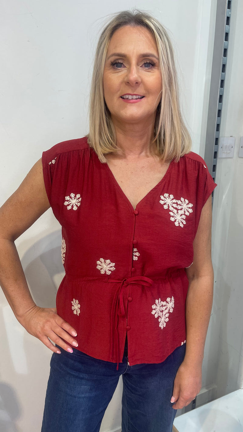 Jane - Wine  Embroidery Tie In Waist Top