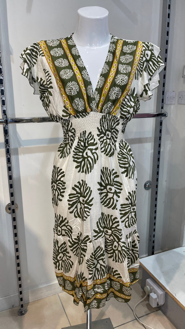 Madison -Khaki/Cream Print Elastic Waist Midi Dress