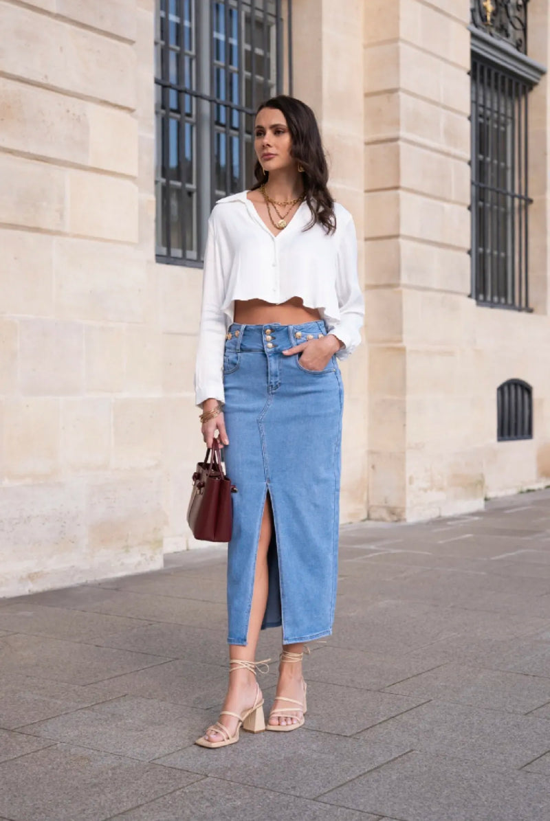 Tiffany - Denim Button Split Skirt