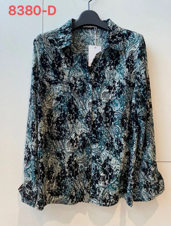 Kenny - Teal Paisley Print Flocked Top