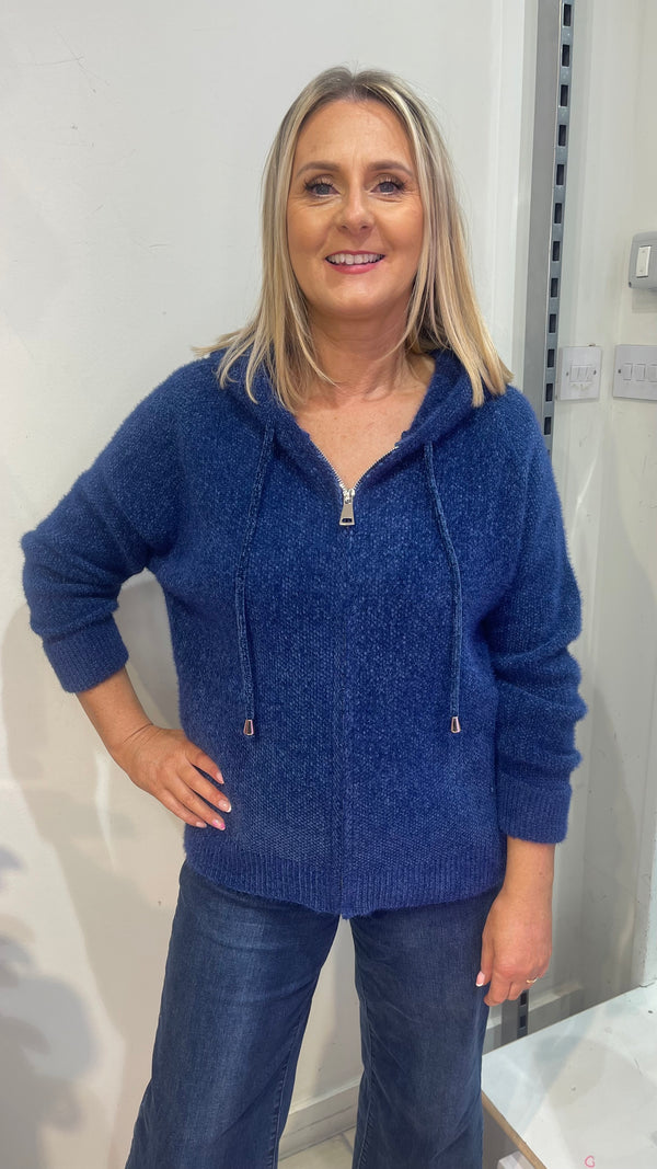 Polly - Blue Soft knit Hooded Zipped Knitwear