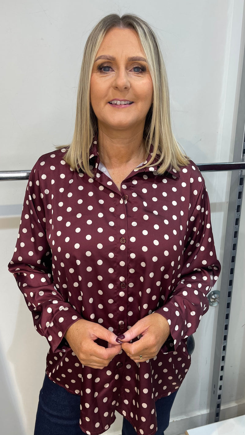 Jill - Wine Polka Dot Satin Look Shirt