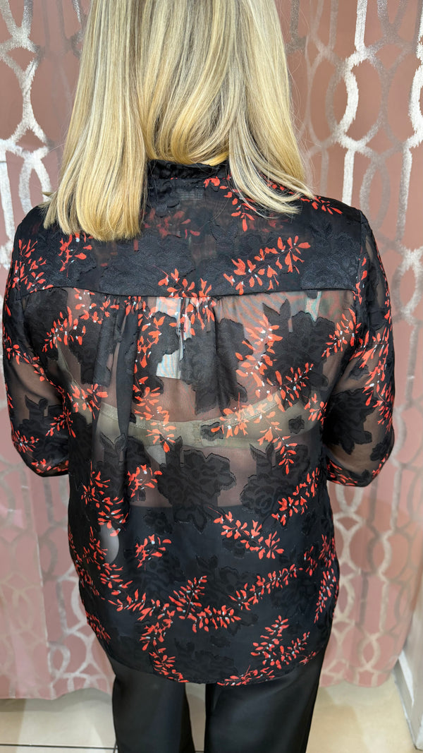 Beth - Black/Red Print Lined Front Top