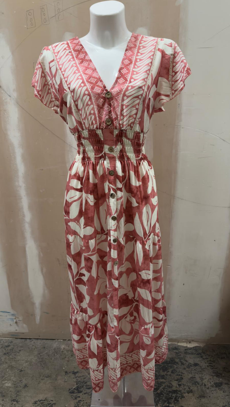 Sandy - Linen Look V-Neck Border Print Pink Maxi