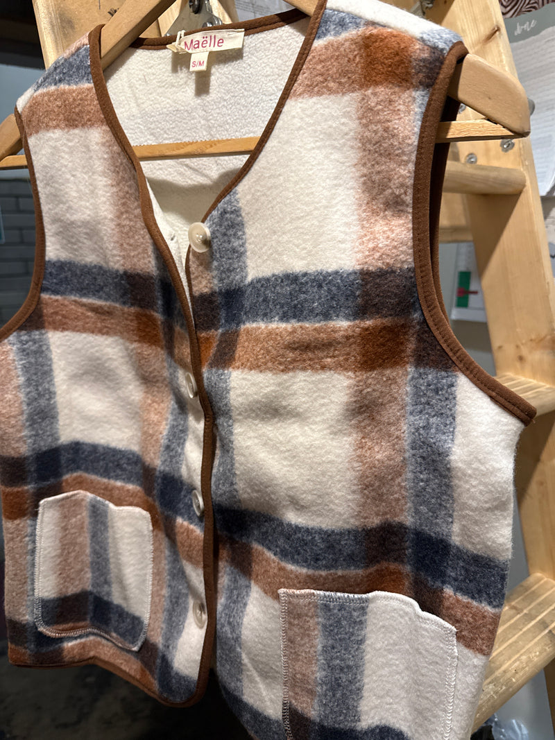 Pam - Tan/Navy Check Button Waistcoat