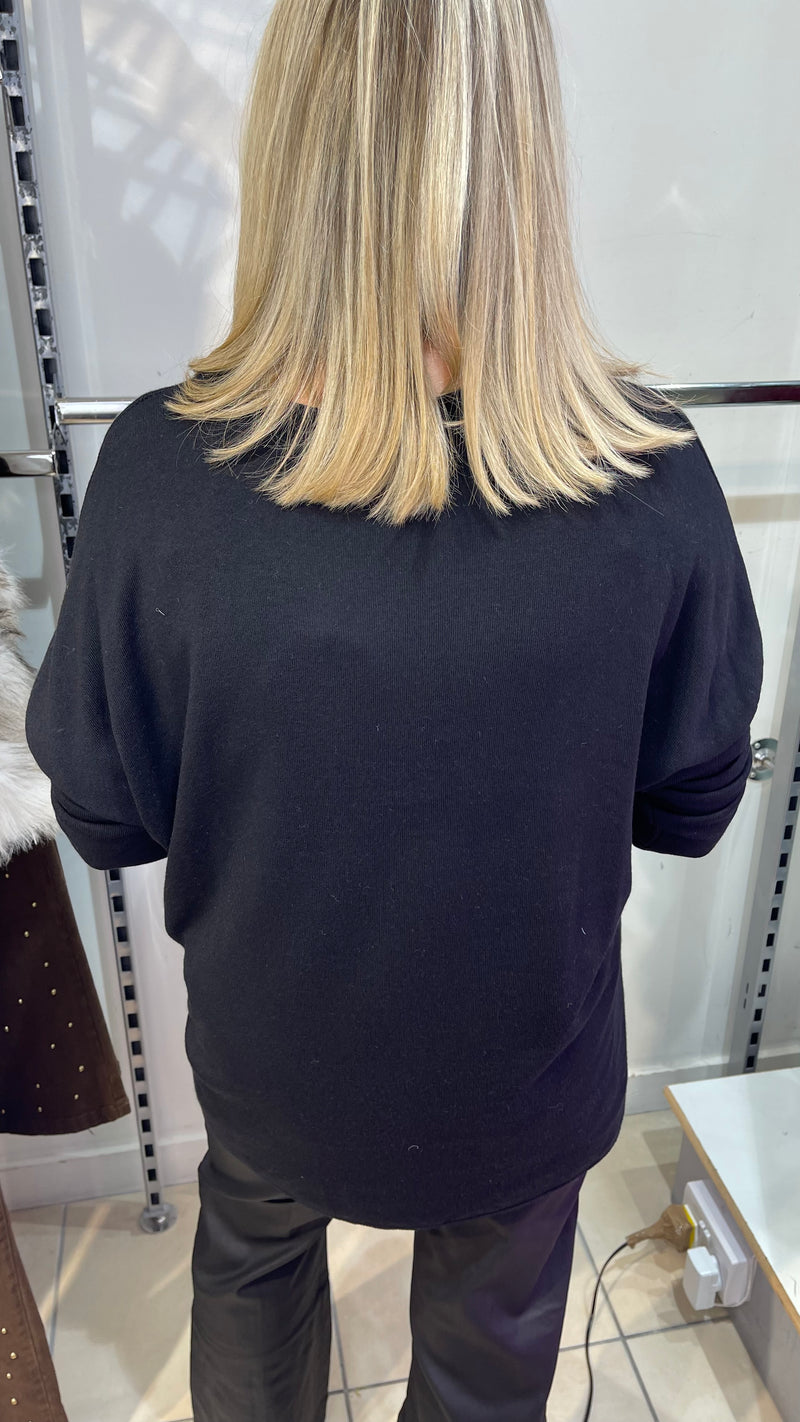 Michelle- Black Animal Print Stud V Neck  Top