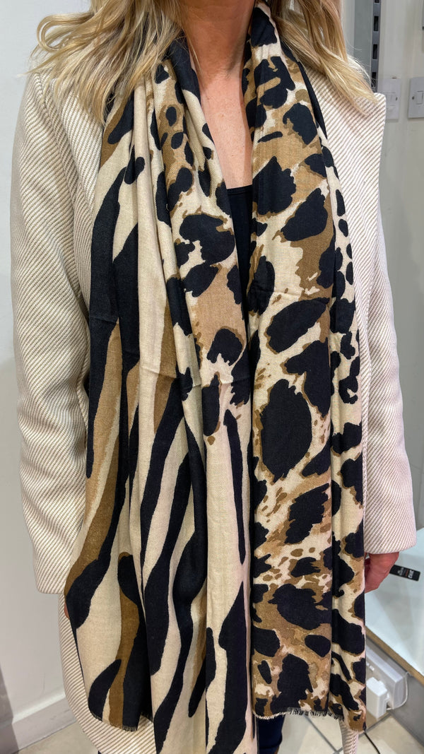 Tommie - Black/Tan Animal Print Winter Scarf