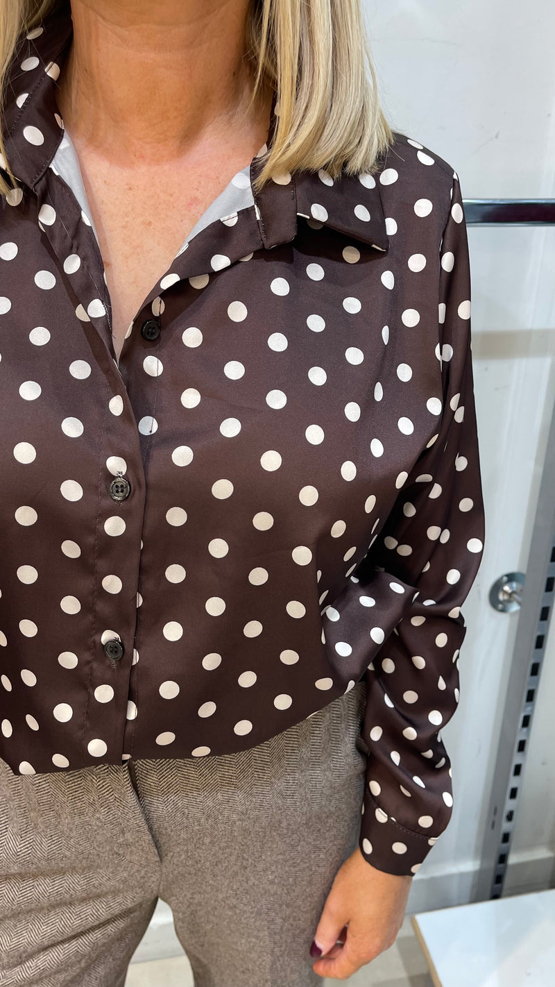 Jill - Brown Polka Dot Satin Look Shirt