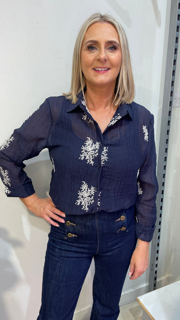 Luca - Navy Embroidery Top
