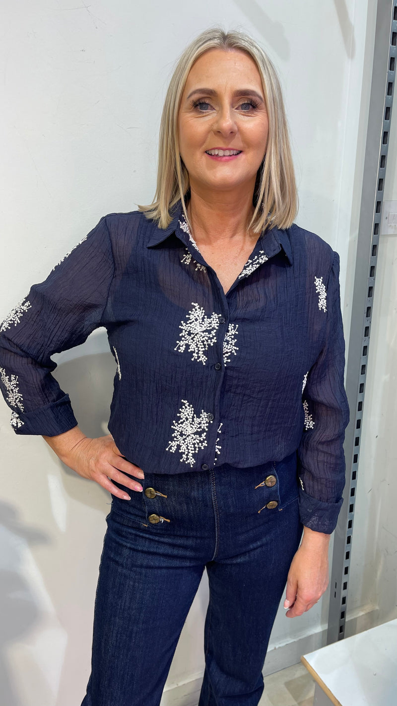 Luca - Navy Embroidery Top