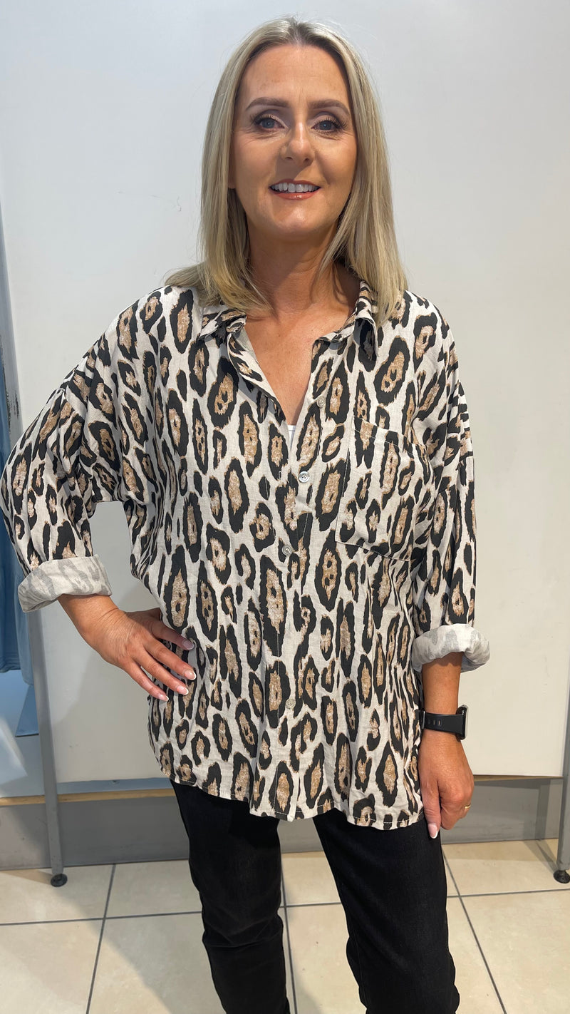 Polly - Beige Leopard Print Shirt