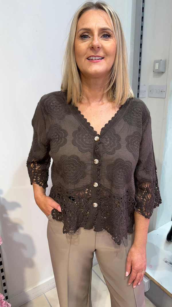 Zara - Brown Embroidery/Crochet Button Cardigan