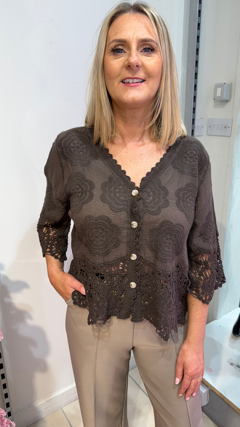 Zara - Brown Embroidery/Crochet Button Cardigan