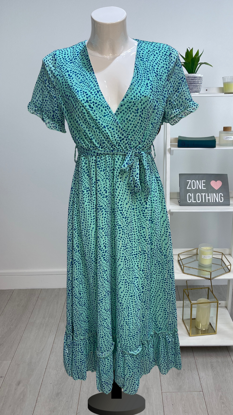 Abigail - Green/Blue Print Midi Dress