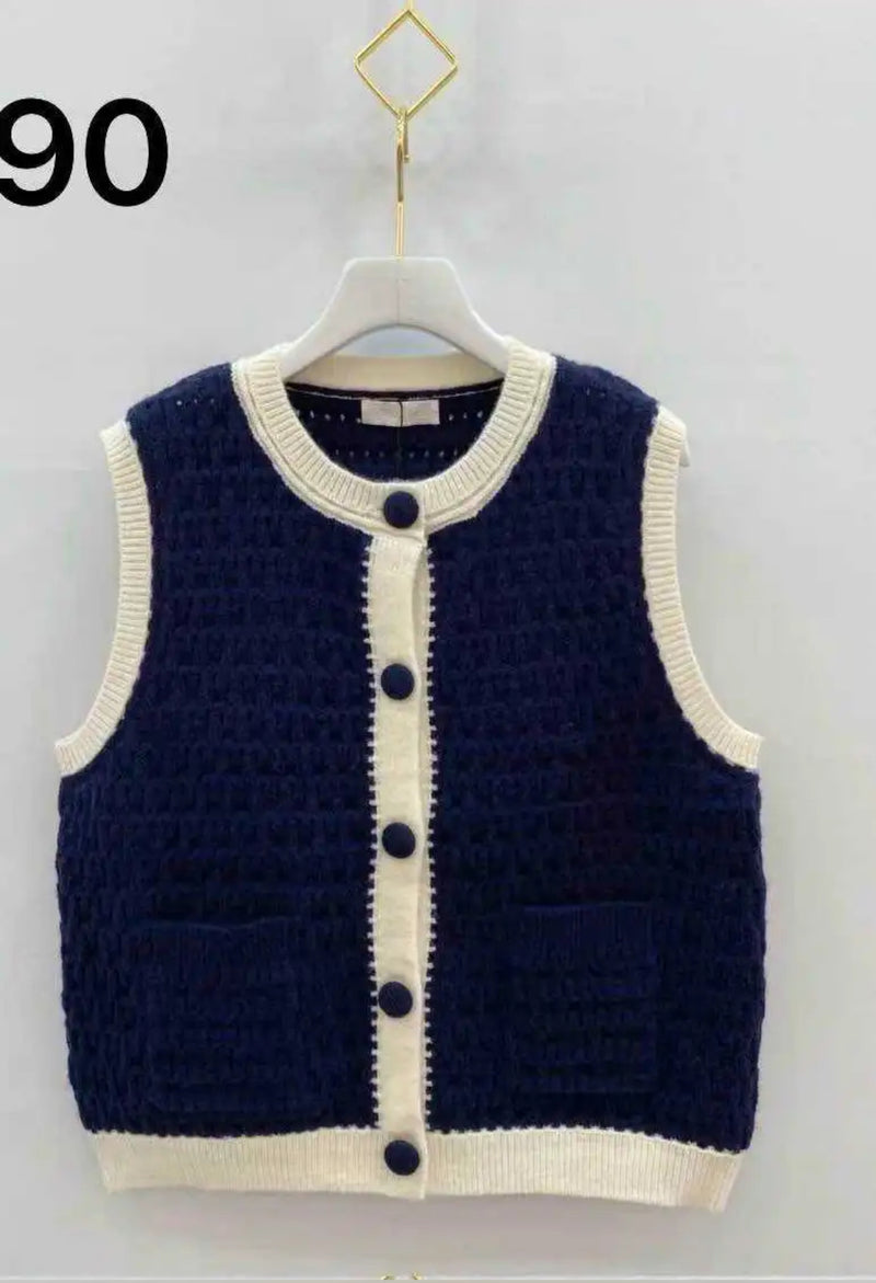 Olivia - Blue/Cream Button Knit Waistcoat