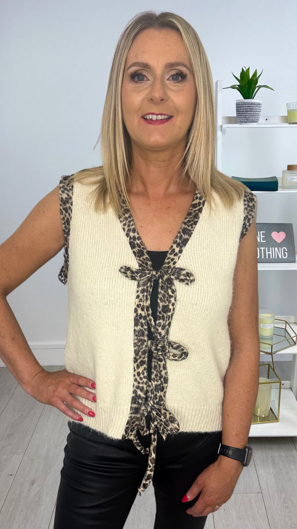 Coco - Cream Leopard Tie Knit Waistcoat