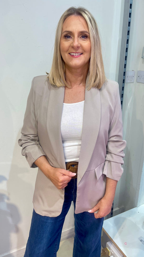 Leanne - Taupe lined Ruched Jacket