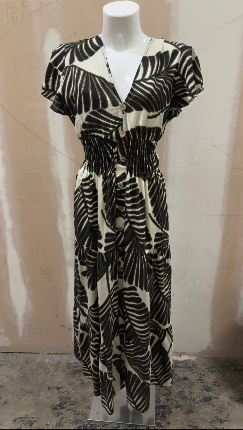 Sandy - Linen Look V-Neck Palm Print Maxi Khaki/ Black
