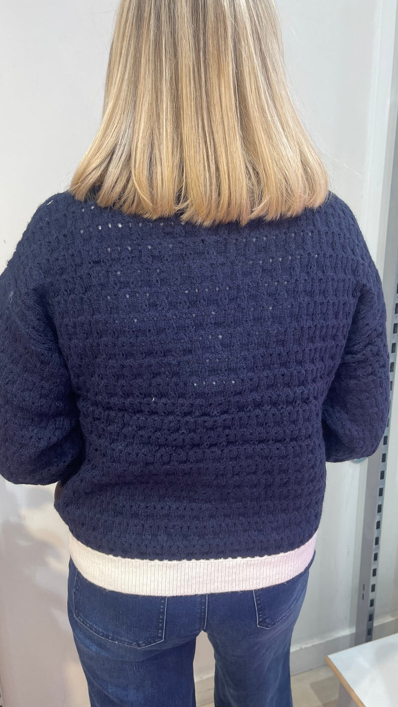 Melissa - Blue/Cream Contrast Knit Cardigan
