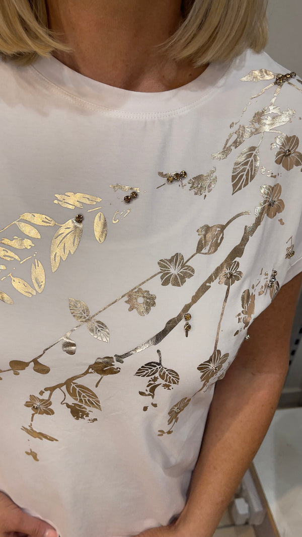 Liv - White Gold Foil Diamente T-Shirt
