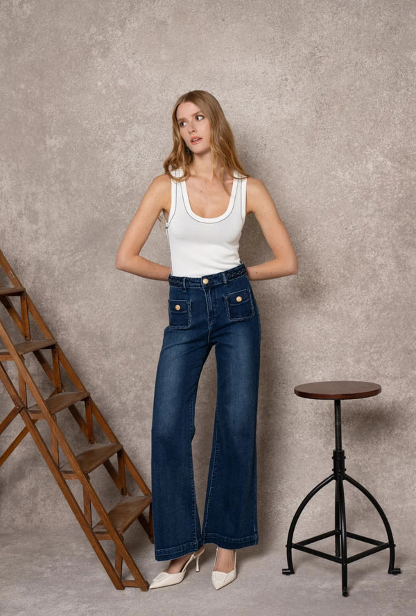 Alison - Blue Denim Weave Pocket Wide Leg