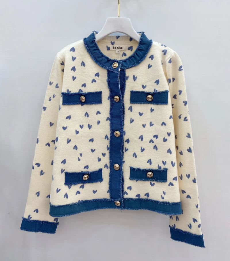 Joey - Heart Button Knit Denim Trim Cardigan