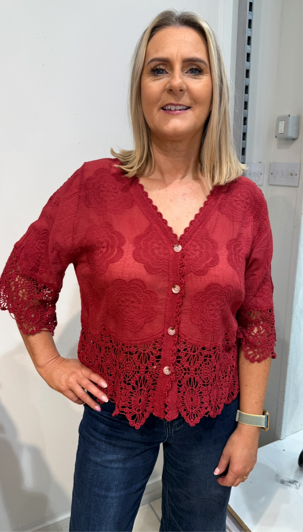 Zara - Wine Embroidery/Crochet Button Cardigan